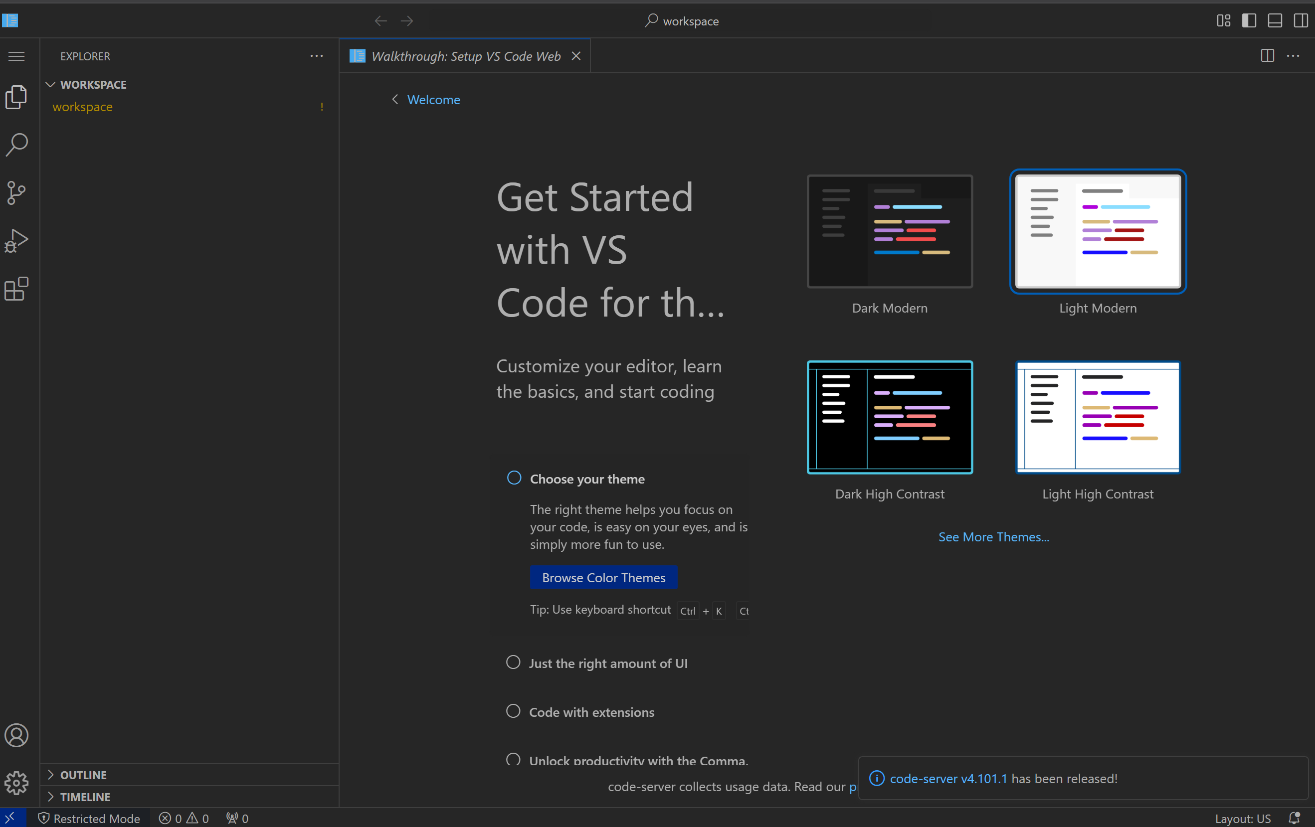 Code Server 접속한 화면