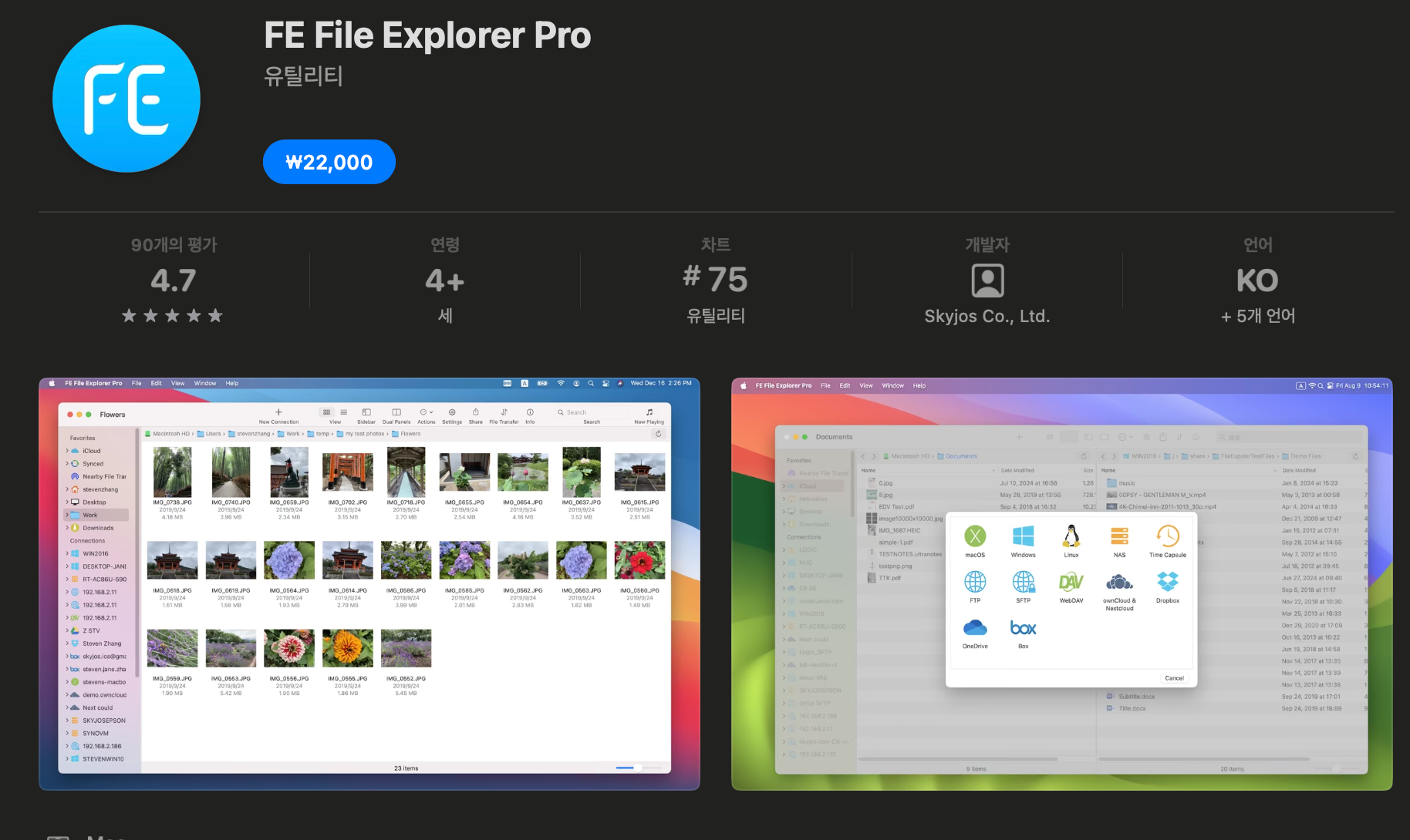 AppStore의 Fe File Explorer Pro 페이지